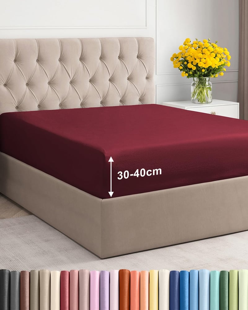CGK Unlimited Napínacie prestieradlo 200x200 cm Bordovo-červené - Mikrovlákno na kontinentálnu posteľ pre výšku matraca do 40 cm, nekrčivé, Oeko-Tex