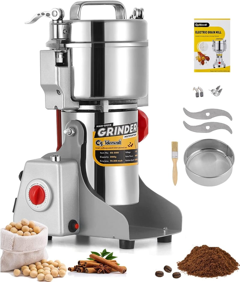 CGOLDENWALL 700g Elektromos Daráló - Rozsdamentes Acél Fűszer, Kávé és Gyógynövény Őrlő, 28000 RPM, 2400W Motor, Időzítővel