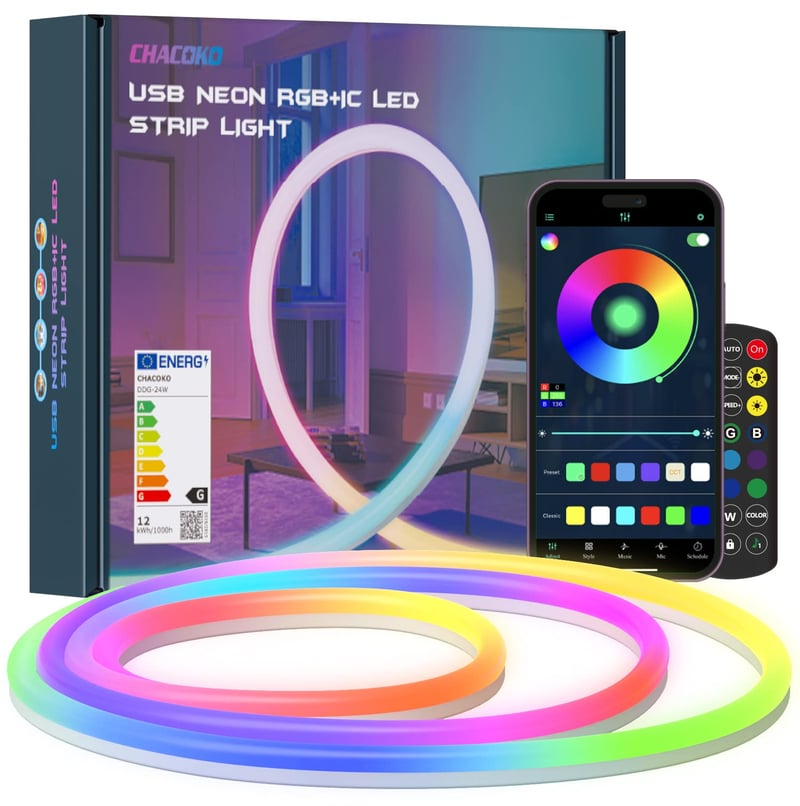 CHACOKO 2 m Neon RGB IC LED traka, efekt duge, 84 LED diode/metar, IP65 vodootporna silikonska USB LED traka, aplikacija i daljinski upravljač, sinkronizacija s glazbom, za dom, vrt i zabave
