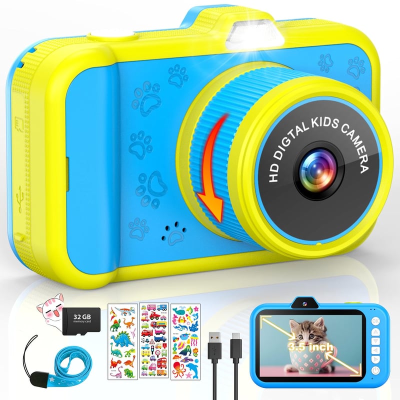 Detský digitálny fotoaparát CHAKEYAKE s 3,5-palcovým displejom, 360° otočným zoom objektívom, 1080P HD, selfie režimom, LED bleskom, 32GB kartou, pre deti od 3 do 12 rokov, modrý