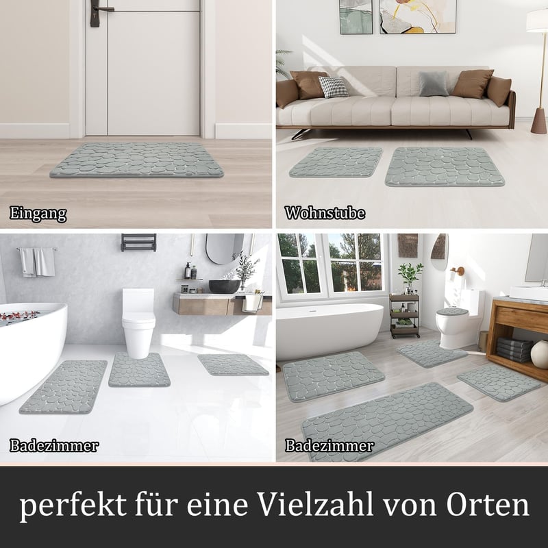 Chakme Memory Foam Fürdőszobaszőnyeg Szett 5 Részes - Kavics Mintázatú, Csúszásmentes, Nedvszívó, Mosható Fürdőszoba Szőnyeg, Világosszürke