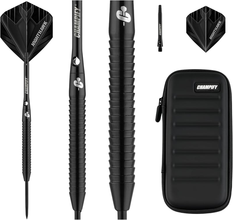 Champify 90% Volfrám Darts Készlet Fekete Táskával - 3 Steel Nyíl, 9 Alumínium Szár és 9 Toll - 23g Nighthawk Profi Szett Fém Hegyekkel