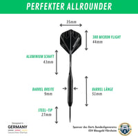 Champify Nighthawk 23g Sárgaréz Darts Készlet Acél Heggyel - 3 Nyíl 6 Szárral és Tollal - Fekete Cápa Mintázatú Markolat - Kiegészítőkkel 3