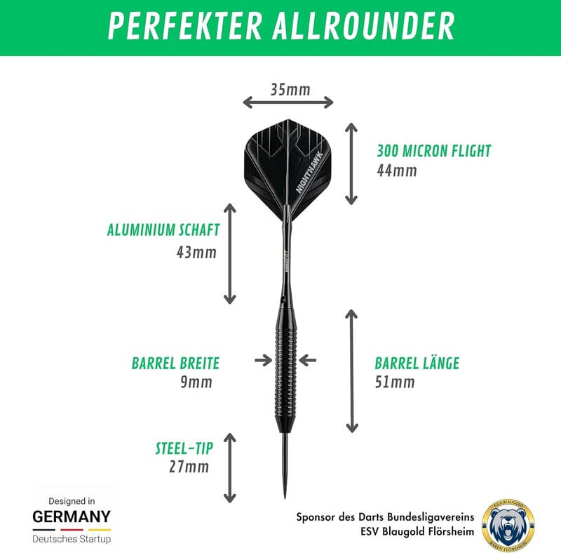 Champify Nighthawk 23g Sárgaréz Darts Készlet Acél Heggyel - 3 Nyíl 6 Szárral és Tollal - Fekete Cápa Mintázatú Markolat - Kiegészítőkkel
