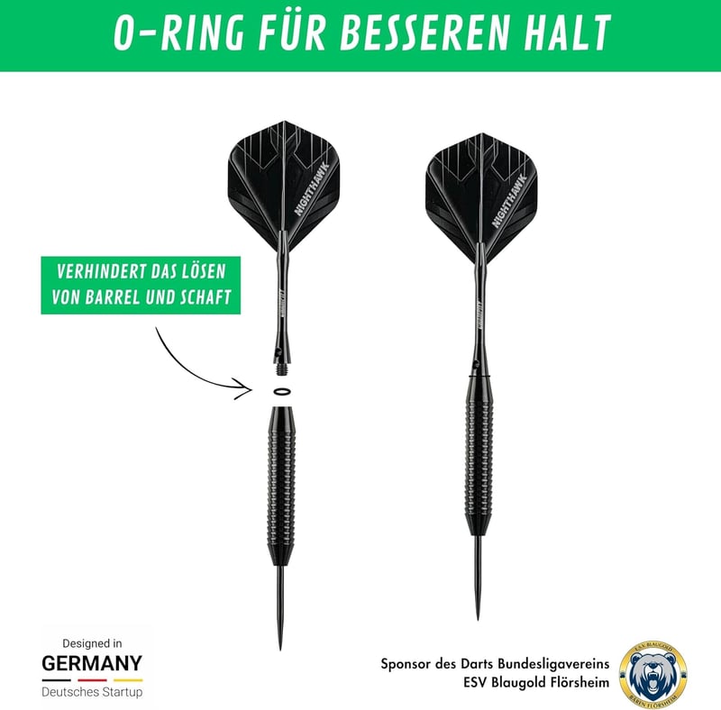 Champify Nighthawk 23g Sárgaréz Darts Készlet Acél Heggyel - 3 Nyíl 6 Szárral és Tollal - Fekete Cápa Mintázatú Markolat - Kiegészítőkkel