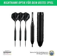 Champify Nighthawk 23g Sárgaréz Darts Készlet Acél Heggyel - 3 Nyíl 6 Szárral és Tollal - Fekete Cápa Mintázatú Markolat - Kiegészítőkkel 6