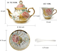 CHANJOON Arany Porcelán Teáskészlet Piros Rózsával, Vintage Kávé és Teaszolgáltatás 6 Személyre 2