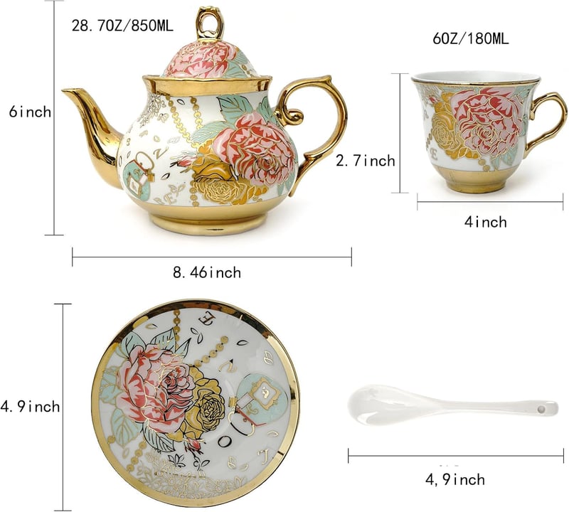 CHANJOON Arany Porcelán Teáskészlet Piros Rózsával, Vintage Kávé és Teaszolgáltatás 6 Személyre