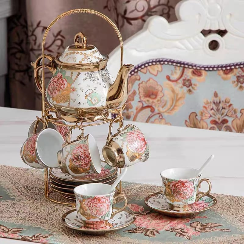 CHANJOON Arany Porcelán Teáskészlet Piros Rózsával, Vintage Kávé és Teaszolgáltatás 6 Személyre