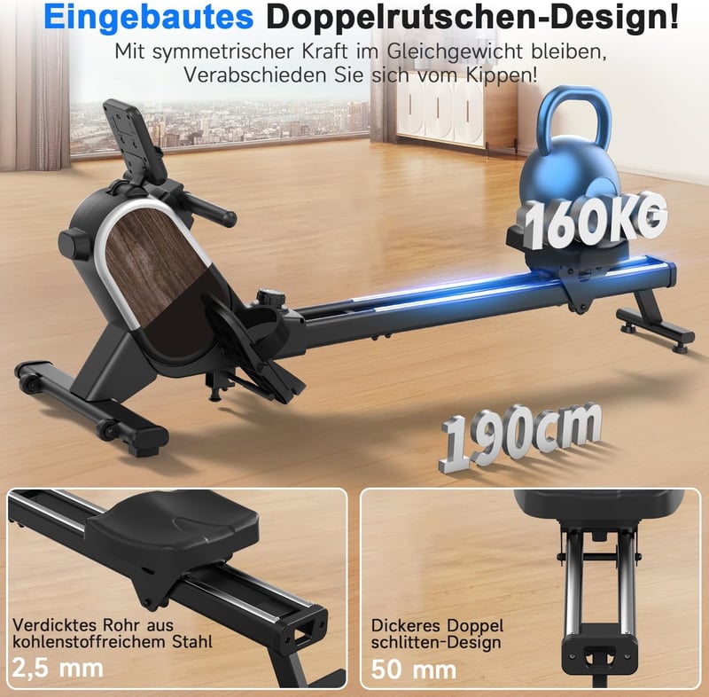CHAOKE Mágneses Evezőgép Otthoni Edzéshez - 16 Ellenállási Szint, Dupla Sín, LCD Kijelző, App Kompatibilis, 160kg Teherbírás