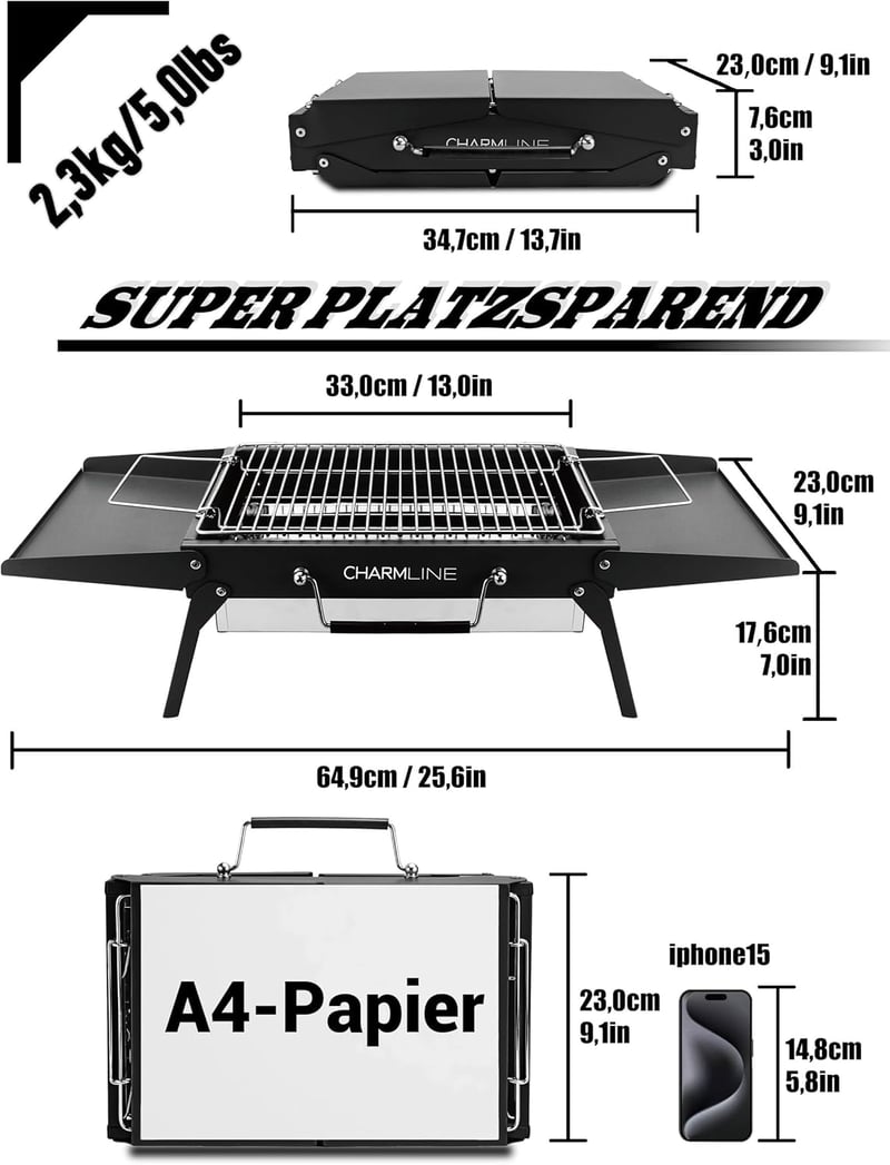 Charmline 34x23cm Hordozható Széngrillezés Kemping Grill Kert Strand Piknik