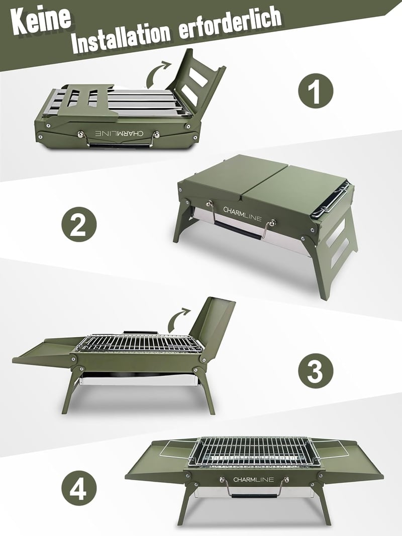 Charmline Összecsukható Hordozható Szenes Grill 35x23cm Zöld - Kompakt BBQ Grillsütő Kempingezéshez és Kerti Sütéshez