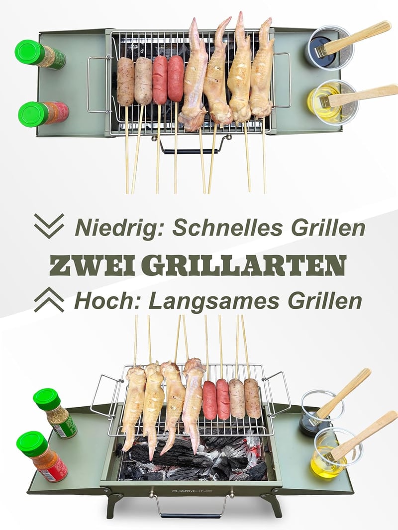 Charmline Összecsukható Hordozható Szenes Grill 35x23cm Zöld - Kompakt BBQ Grillsütő Kempingezéshez és Kerti Sütéshez