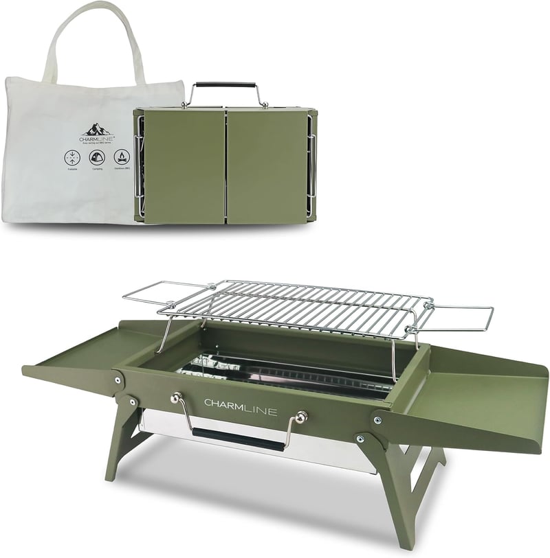 Charmline Összecsukható Hordozható Szenes Grill 35x23cm Zöld - Kompakt BBQ Grillsütő Kempingezéshez és Kerti Sütéshez