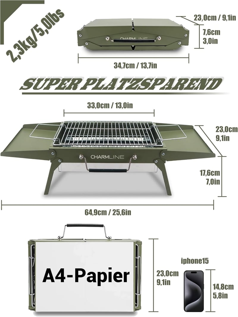 Charmline Összecsukható Hordozható Szenes Grill 35x23cm Zöld - Kompakt BBQ Grillsütő Kempingezéshez és Kerti Sütéshez