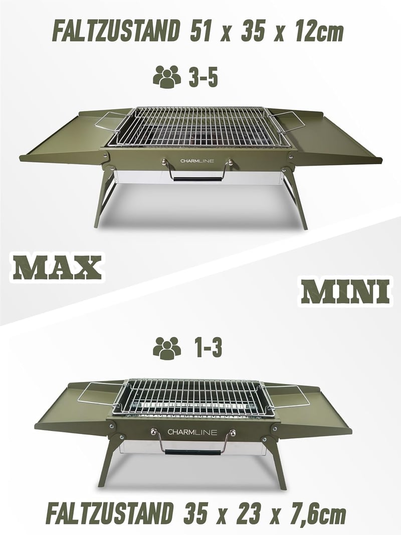 Charmline Összecsukható Hordozható Szenes Grill 35x23cm Zöld - Kompakt BBQ Grillsütő Kempingezéshez és Kerti Sütéshez