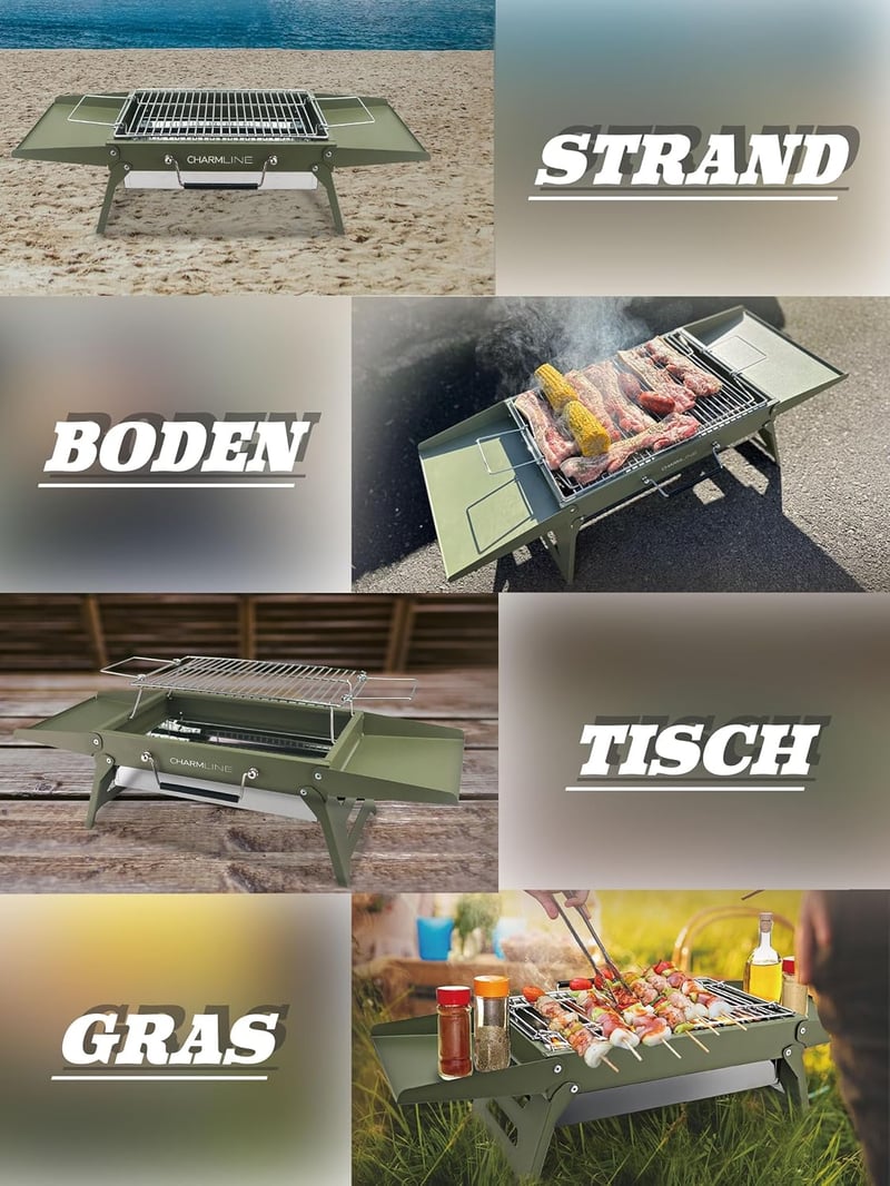 Charmline Összecsukható Hordozható Szenes Grill 35x23cm Zöld - Kompakt BBQ Grillsütő Kempingezéshez és Kerti Sütéshez