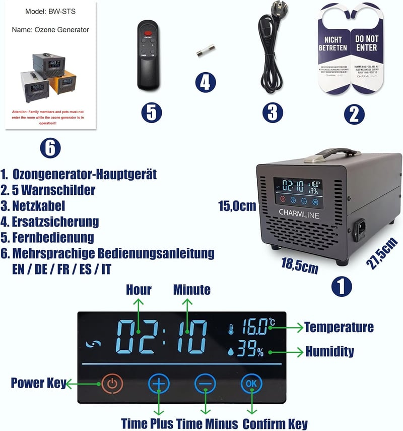 Charmline Ózongenerátor 40000 mg/h - Szagtalanító Készülék Távirányítóval, 500 m² Területre, Otthonba, Autóba, Fekete