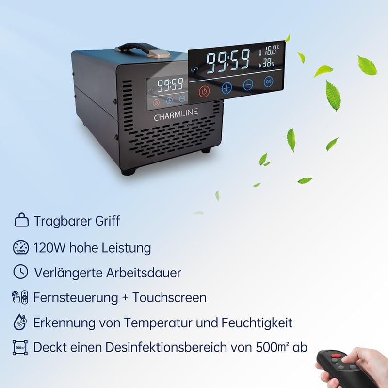 Charmline Ózongenerátor 40000 mg/h - Szagtalanító Készülék Távirányítóval, 500 m² Területre, Otthonba, Autóba, Fekete