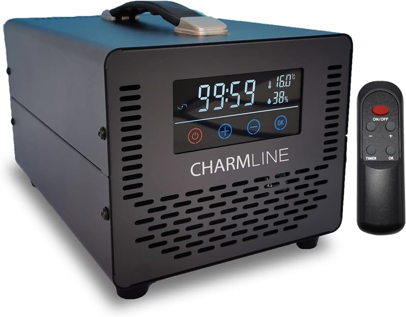 Charmline Ózongenerátor 60000 mg/h - Fekete Szagtalanító Készülék Távirányítóval 500 m²-ig, Otthonba, Autóba, Állattartó Helyekre és Pincékb