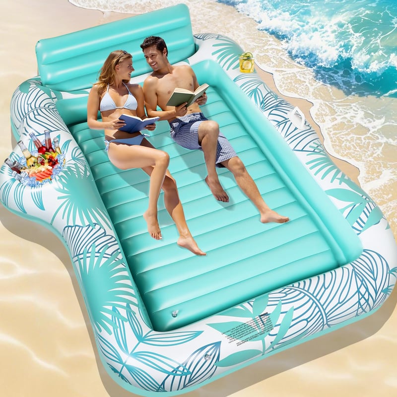 Charmofun Nafukovací matrac na opaľovanie 210x155 cm, s držiakom na poháre a chladiacim boxom, dvojitý deluxe plávajúci matrac do bazéna a na pláž pre dospelých, zelený