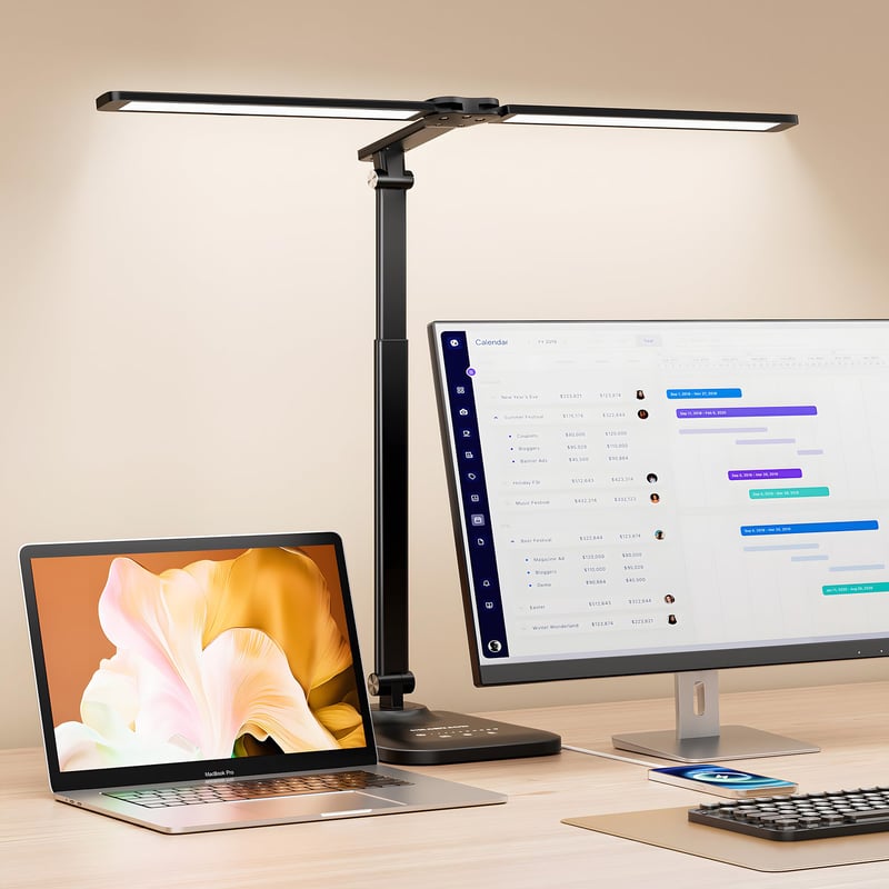 CHARYJOD dvostruka LED stolna svjetiljka, prigušiva, rastezljiva, 5 temperatura boje i 10 razina svjetline, USB priključak za punjenje