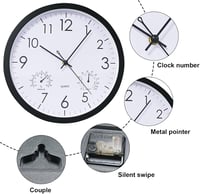 Chedin 30 cm Csendes Falióra Hőmérővel és Páratartalom Mérővel, Időjárásálló - 1, White 3