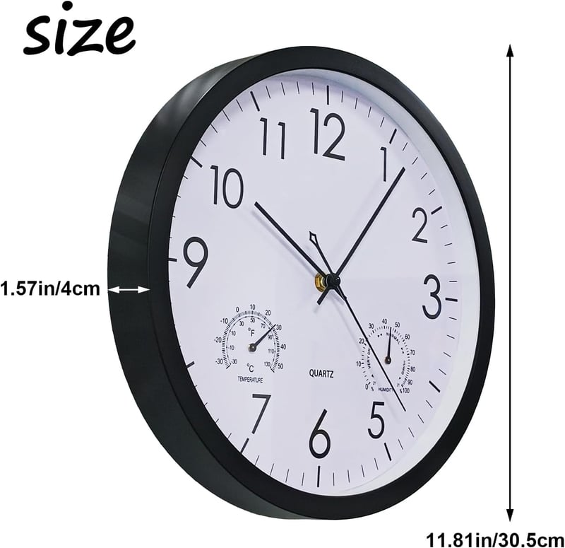 Chedin 30 cm Csendes Falióra Hőmérővel és Páratartalom Mérővel, Időjárásálló - 1, White