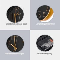 Chedin 30 cm Modern Kerek Falióra Csendesen Működő Arany/Fekete - Gold/Black 3