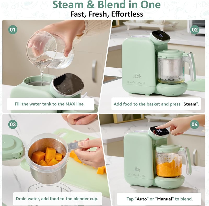 CHEFHANDY 5 az 1-ben bébiételmixer, gőzölő, melegítő zöld