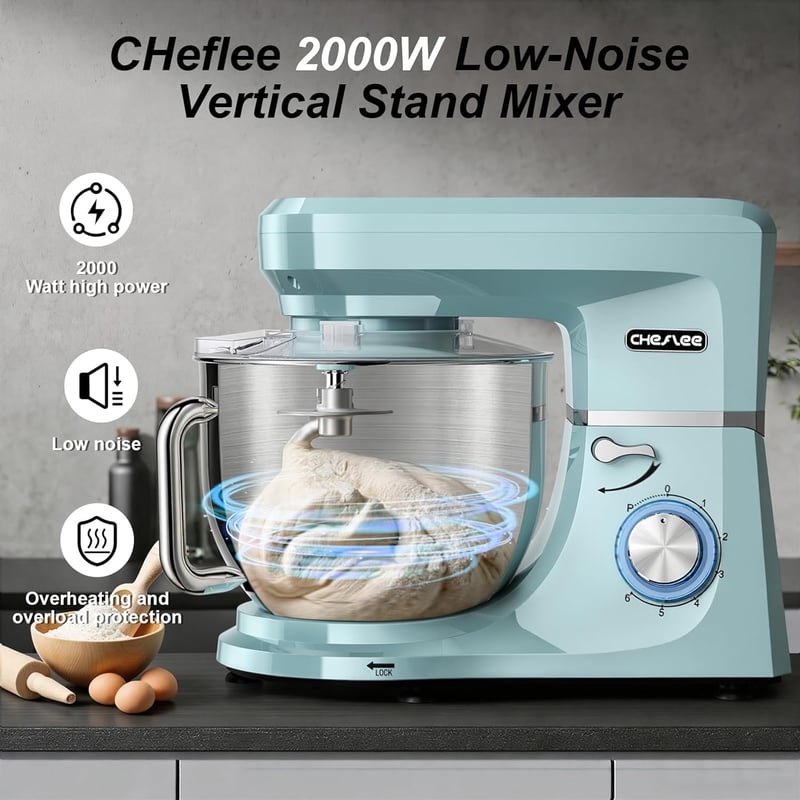 CHeflee 2000W Dagasztógép 8L Rozsdamentes Tál 6 Fokozat Keverő Horog - Blue