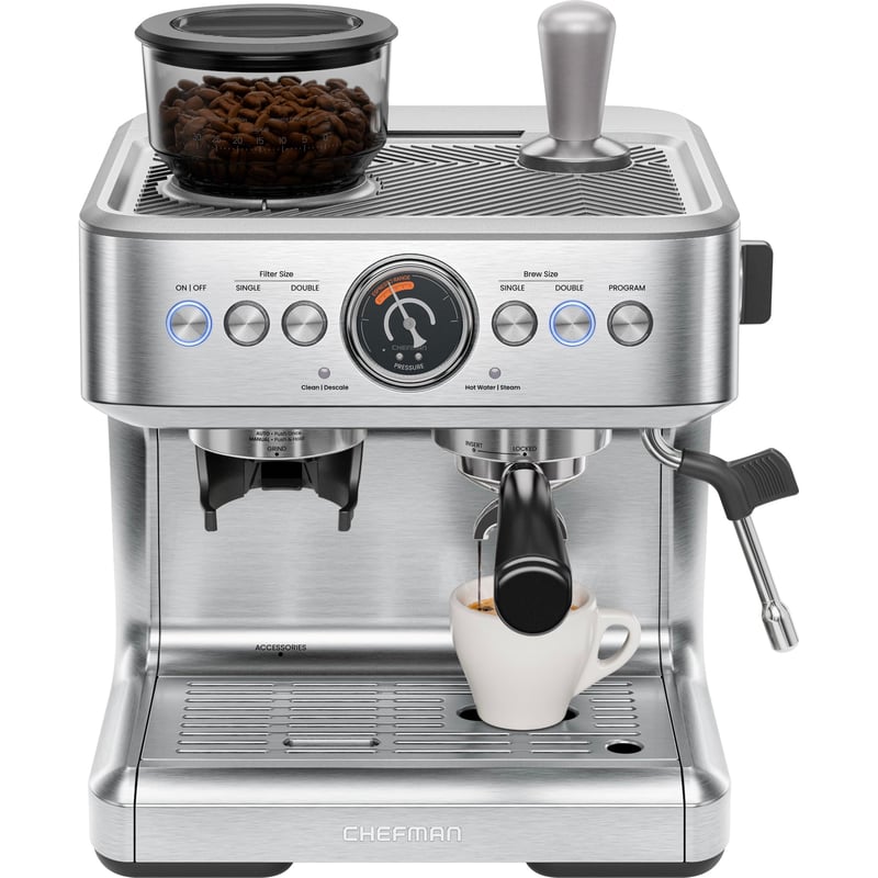 Espresso kávovar Chefman Crema Supreme s tlakom 15 barov, mlynčekom na kávu a 30 stupňami hrubosti mletia