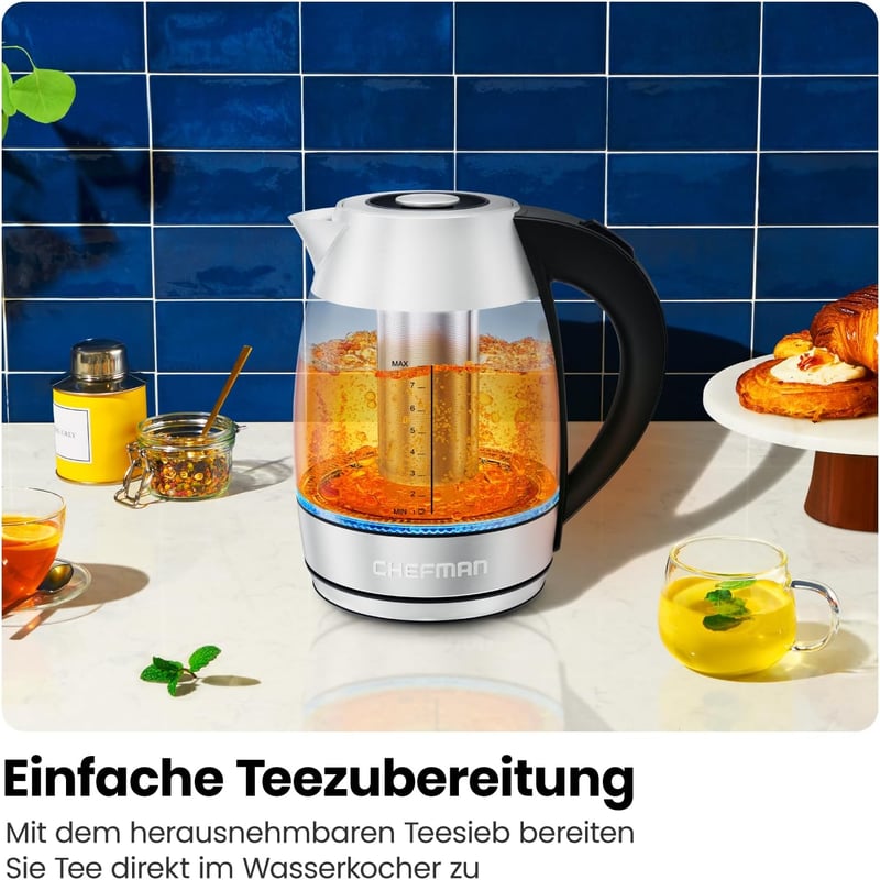 Chefman Elektromos Vízforraló Üveg 1.8L LED Kijelzővel Teaszűrővel