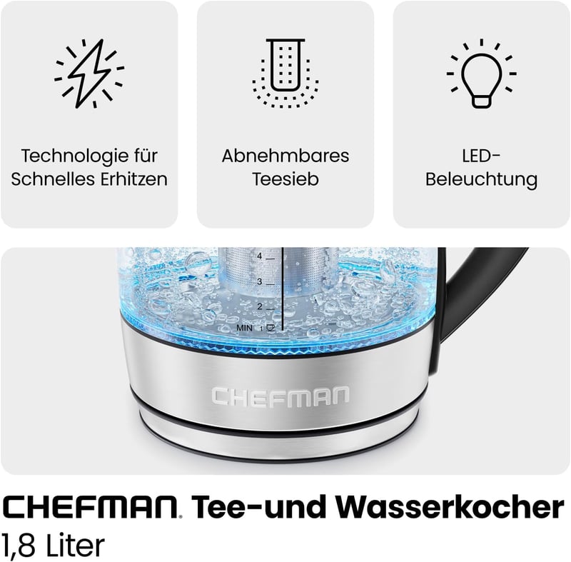 Chefman Elektromos Vízforraló Üveg 1.8L LED Kijelzővel Teaszűrővel
