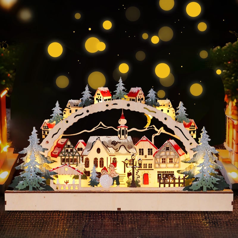 Arcadă luminoasă din lemn cu LED CHENBOOW, cu sat de iarnă de Crăciun, decorațiune luminoasă pentru interior, ornament pentru fereastră și masă