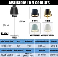 Lampă de masă cu acumulator ChenFec, integral metalică, 5000 mAh, LED, cu control tactil, reglabilă, 3 temperaturi de culoare, reîncărcabilă, pentru sufragerie, dormitor, hotel 2