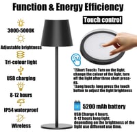 Lampă de masă cu acumulator ChenFec, integral metalică, 5000 mAh, LED, cu control tactil, reglabilă, 3 temperaturi de culoare, reîncărcabilă, pentru sufragerie, dormitor, hotel 4