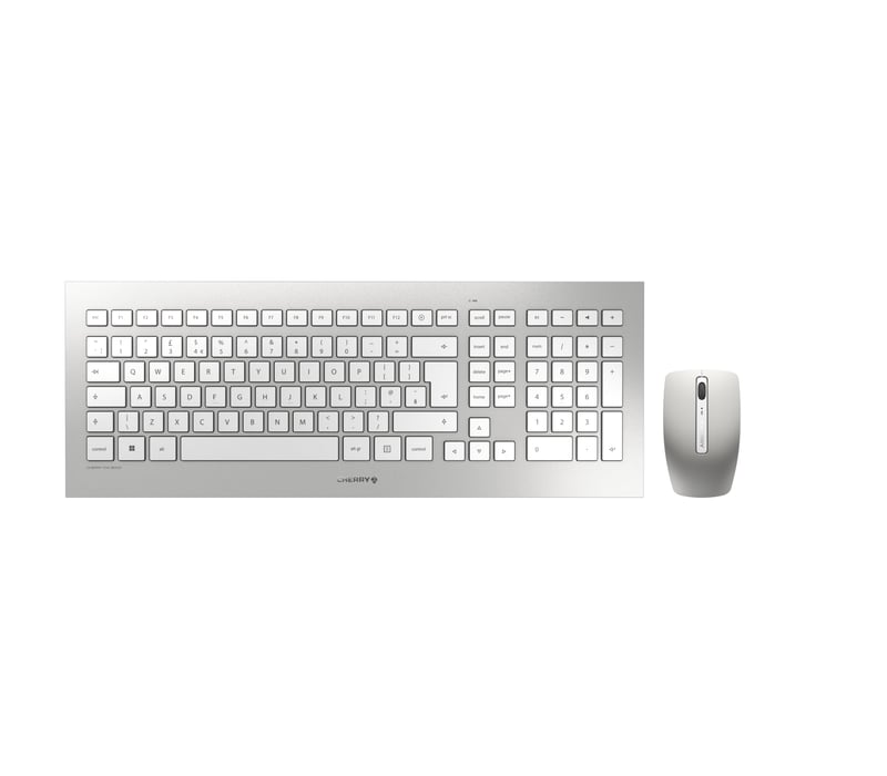 CHERRY DW 8000 bezdrôtová súprava klávesnice a myši, rozloženie klávesnice EU QWERTY, ultratenký dizajn, myš s infračerveným snímačom, bielo-strieborná