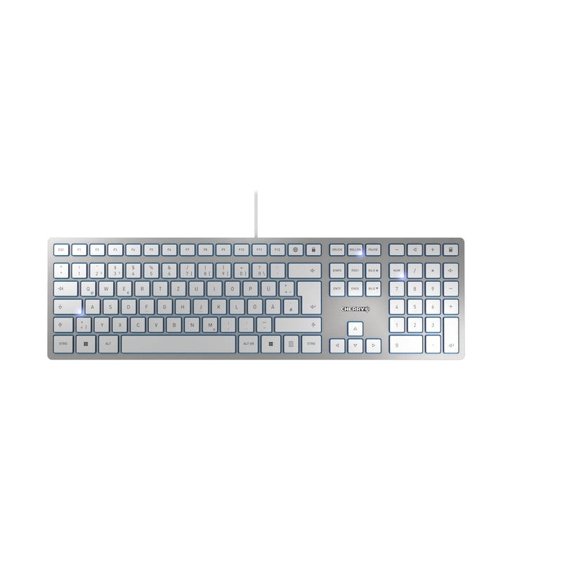 Klávesnica CHERRY KC 6000 Slim USB – ultratenký dizajn, káblová, nemecké rozloženie QWERTZ, nožnicový mechanizmus, strieborná