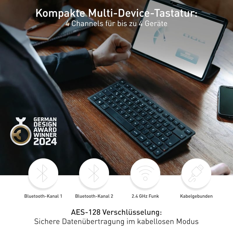 CHERRY KW 9200 MINI Kompakt Bluetooth Billentyűzet 4 Eszközhöz, Vezetékes, Újratölthető