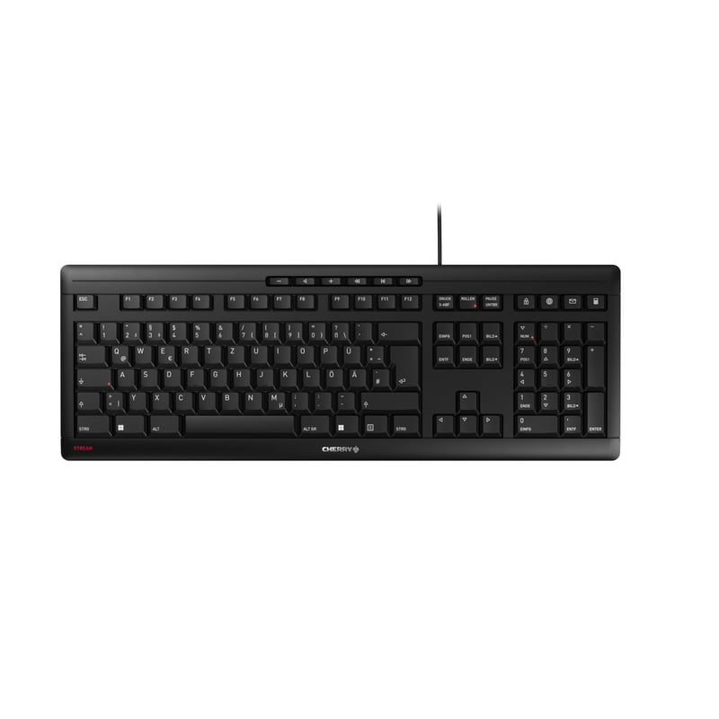 Káblová klávesnica CHERRY Stream, nemecké rozloženie QWERTZ, tiché písanie, plochý dizajn, čierna