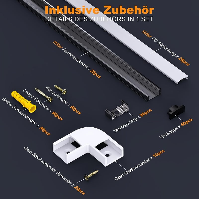 Chesbung 20db LED alumínium profil fekete sarokprofil tejfehér burával