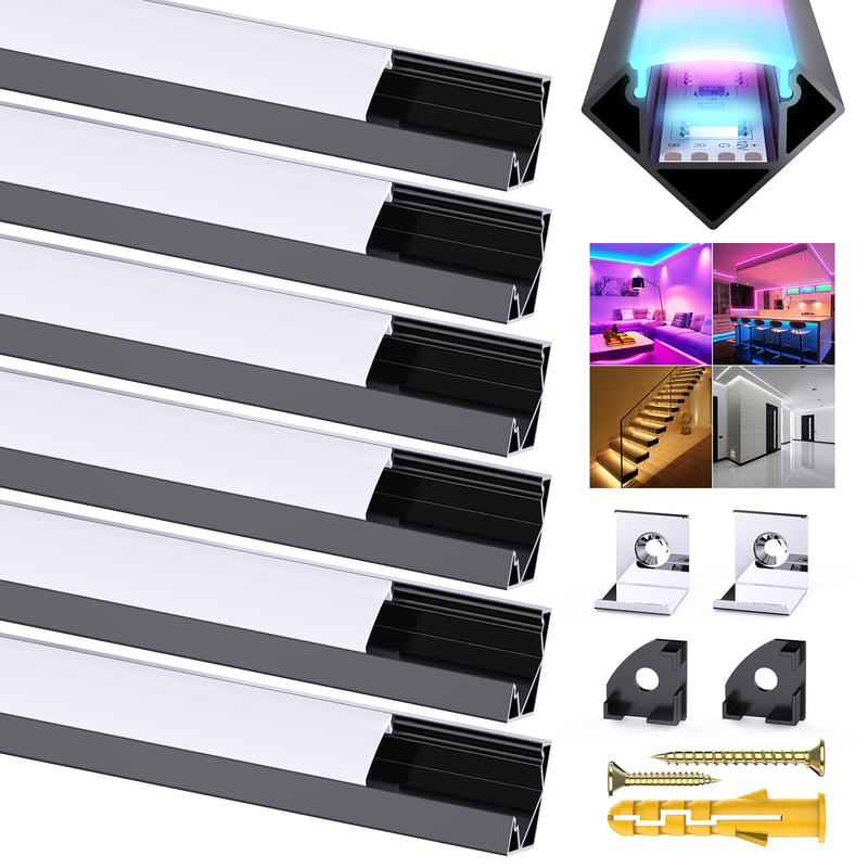 Chesbung 6 ks čierny V-profil LED hliníková lišta s mliečnym krytom, pre 12 mm LED pásik, s koncovkami a montážnymi prvkami