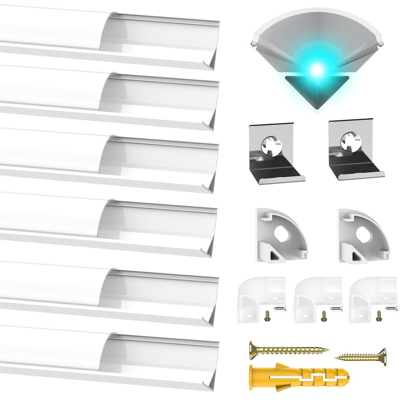 Chesbung biely hliníkový LED profil, 6x1 m, V-profil pre LED pásiky (1-12 mm), rohový profil s mliečnym difúzorom, koncovkami, kovovými príchytkami a 45-stupňovými rohovými spojkami