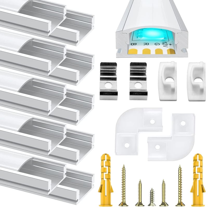 Chesbung LED aluminijski profil za LED trake, 6x1m U-oblik s mliječnim pokrovom, montažnim kopčama i kutnim spojnicama od 45 stupnjeva