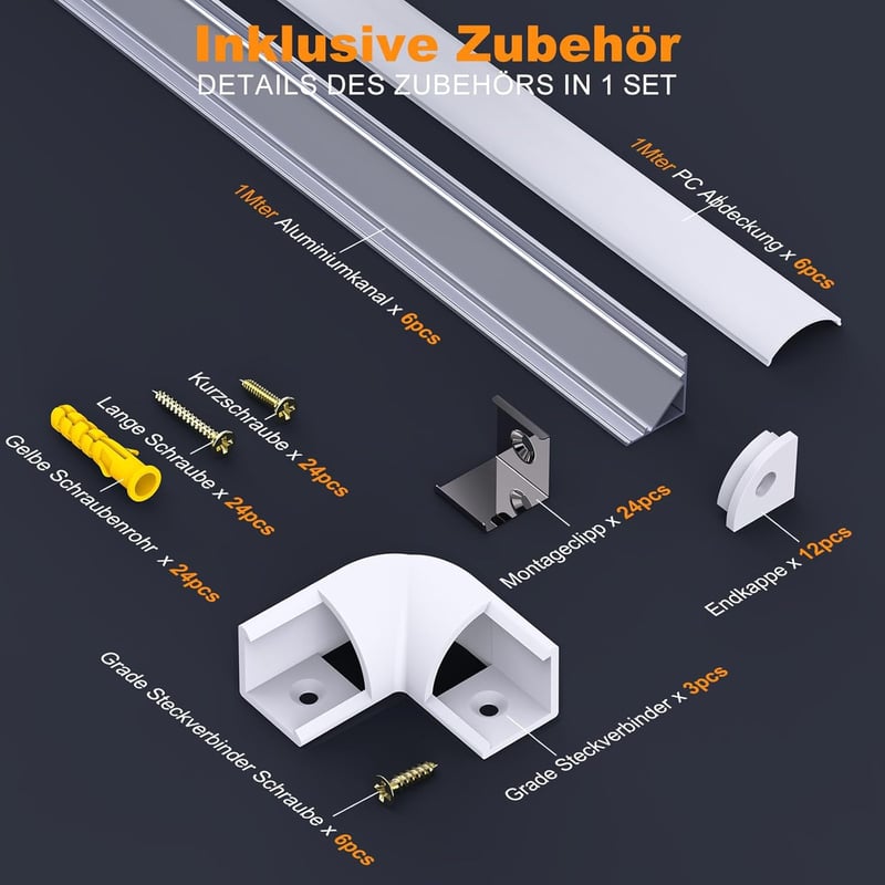 Chesbung LED alumínium profil szalaghoz, 6x1m V alakú sarokprofil tejfehér diffúzorral