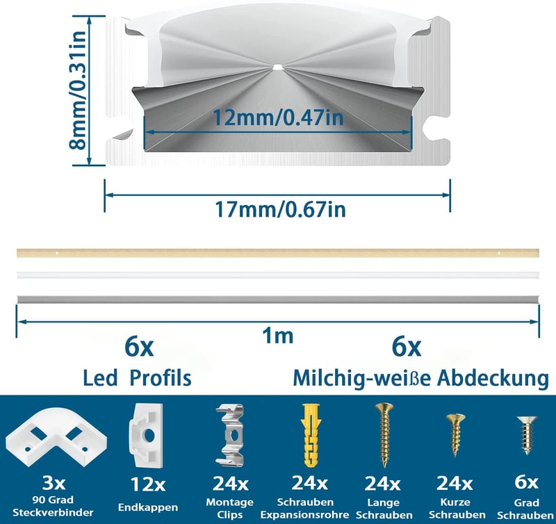 Chesbung LED Alumínium Profil Szett - 6x1m U-alakú Sarokprofil LED Szalagokhoz, Tejfehér Diffúzorral, 90 Fokos Sarokcsatlakozókkal, Indirekt