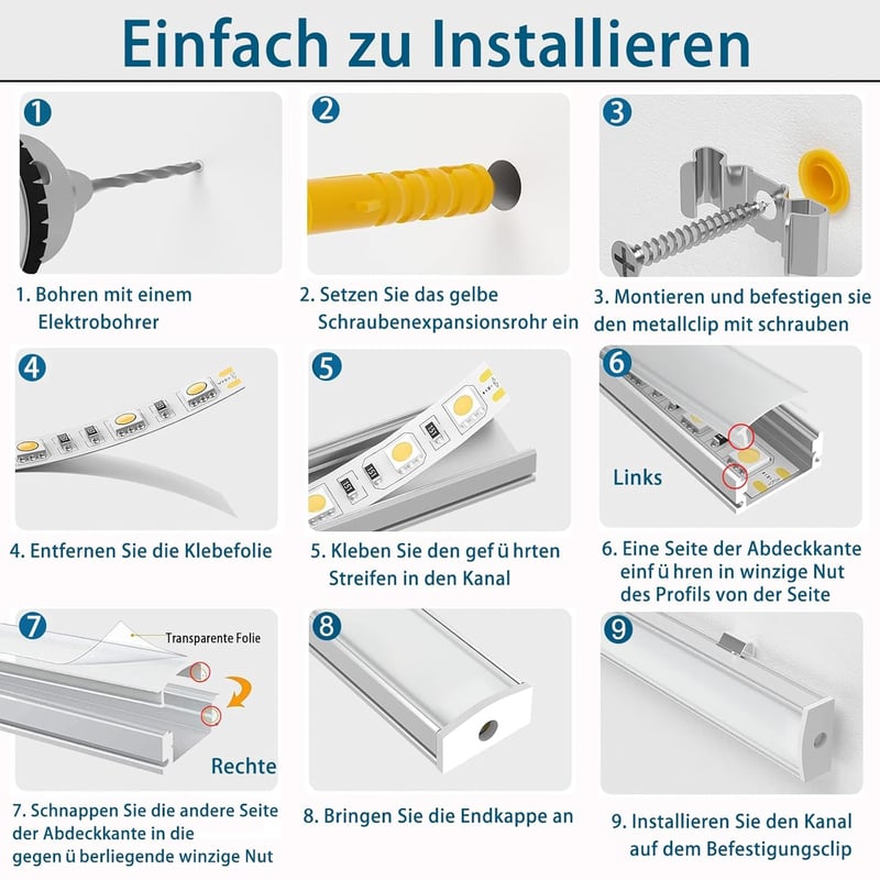 Chesbung LED Alumínium Profil Szett - 6x1m U-alakú Sarokprofil LED Szalagokhoz, Tejfehér Diffúzorral, 90 Fokos Sarokcsatlakozókkal, Indirekt