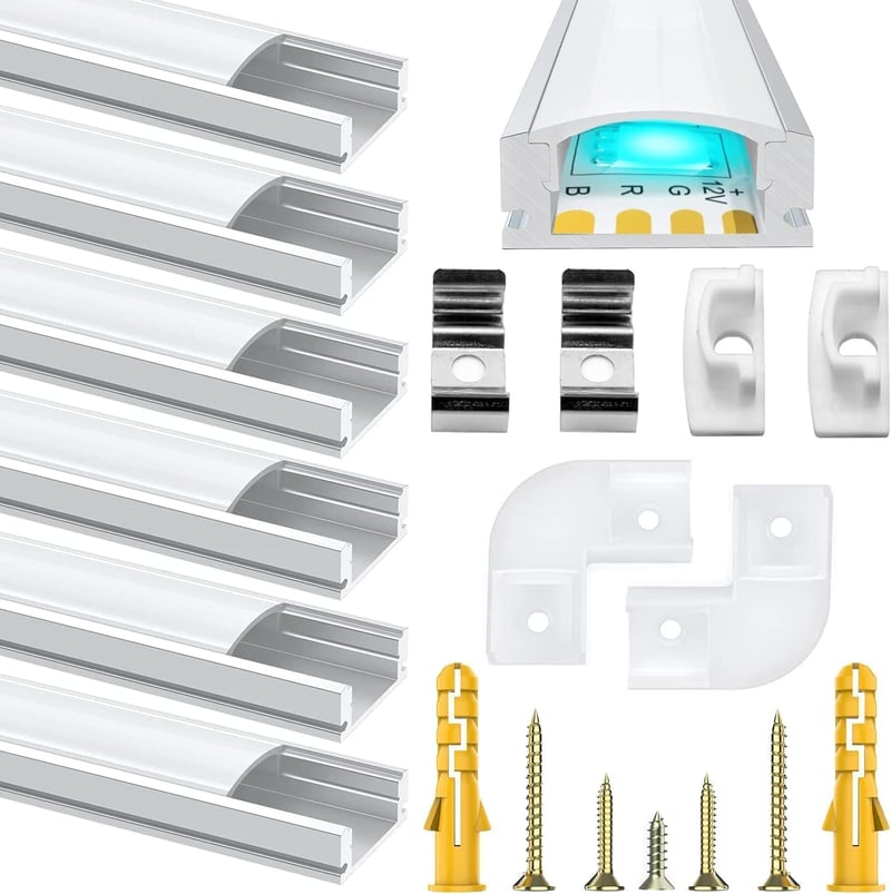 Chesbung LED Alumínium Profil Szett - 6x1m U-alakú Sarokprofil LED Szalagokhoz, Tejfehér Diffúzorral, 90 Fokos Sarokcsatlakozókkal, Indirekt