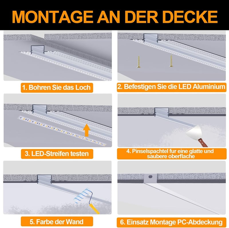 Chesbung LED Gipszkarton Profil 18mm Szalaghoz, 10x1m Alumínium Csatorna Fehér Diffúzorral
